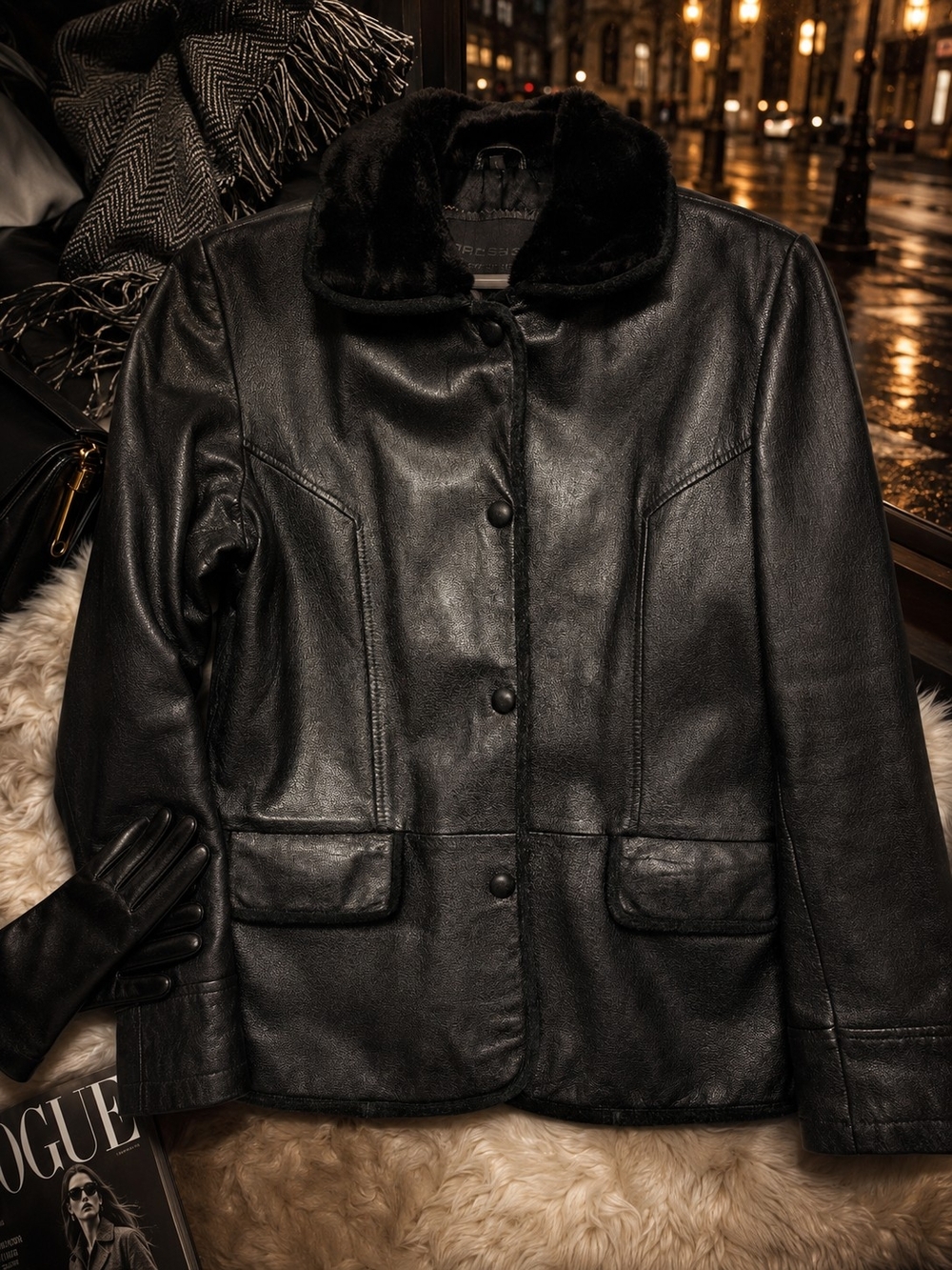 Vintage Rossano Black Leather Jacket Faux Fur Collar Size L